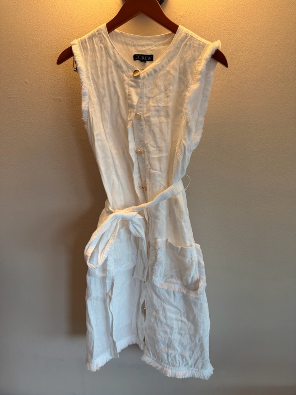 J. Crew White Sleeveless Button-Front Linen Midi Dress with Tie Waist